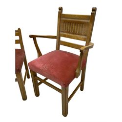 Early to mid-20th century set of eight (6+2) limed oak dining chairs, reed moulded backs carved with arcades, upholstered seats, on square supports united by plain stretchers 