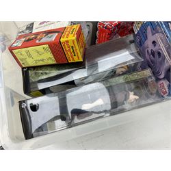 Two Barbie Pink Label Twilight figures in boxes, Ted wacky wobblers in boxes, Minion Dave in box, Toy Story Woody doll etc in two boxes