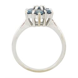 18ct white gold seven stone, round brilliant cut blue diamond flower head cluster ring, hallmarked, total diamond wight approx 0.80 carat