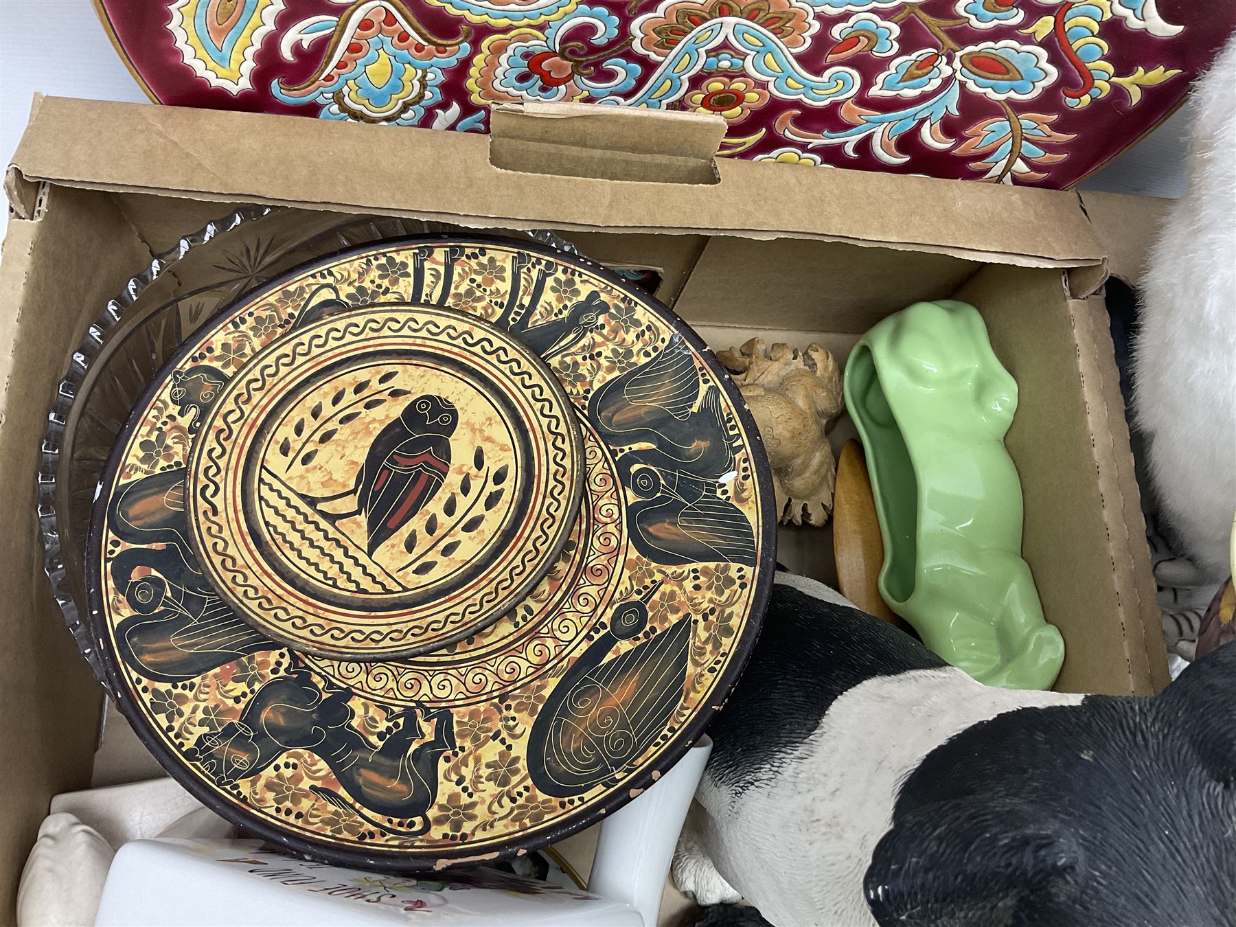 Sylvac green seated dog, together with pair Wade Heath vases, wall charger and other collectables, in two boxes  