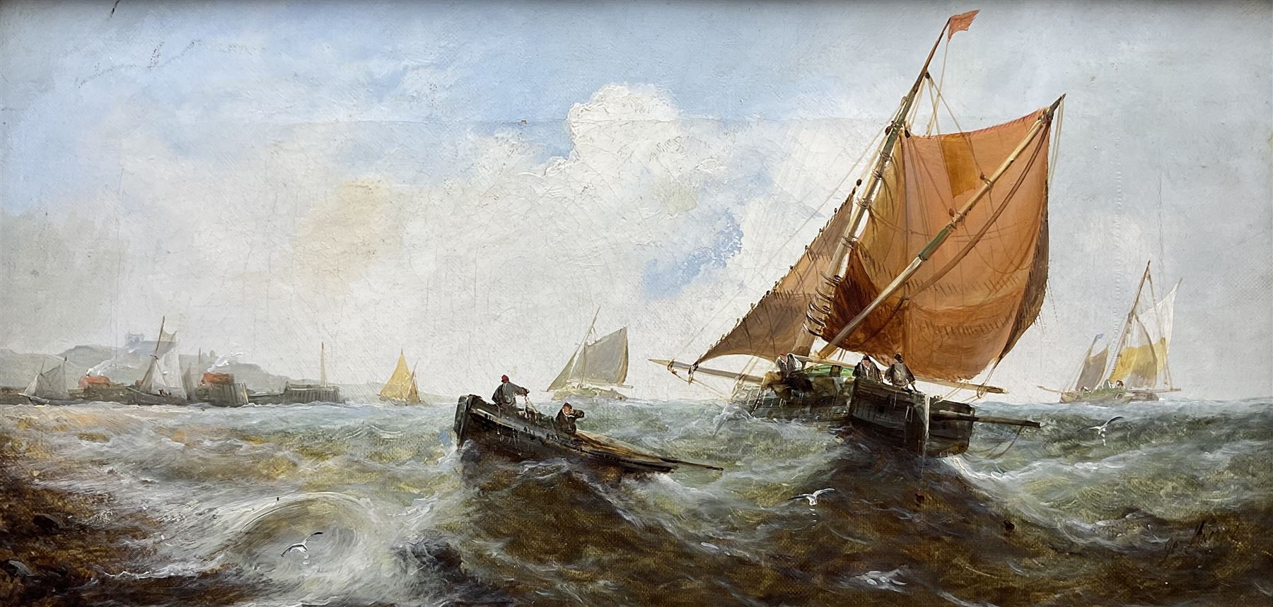 George Knight (British fl.1872-1892): Fishing off the Yorkshire Coast, oil on canvas signed 19cm x 39cm