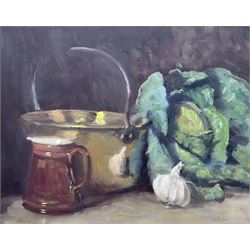 Neil Tyler (British 1945-): Still Life - 'Brass Pan Cabbage and Garlic', oil on canvas signed 40cm x 50cm
