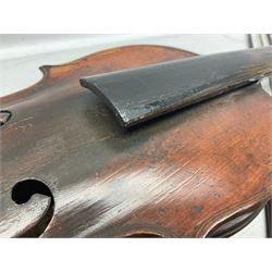 Incomplete amateur made violin c1880 for restoration and completion with 36.5cm one-piece maple back and ribs and spruce top L59.5cm; together with two brazilwood violin bows and pernambuco cello bow, all with nickel mounts (4)