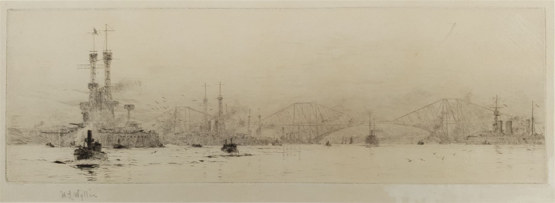 William Lionel Wyllie (British 1851-1931): 'The U.S. Fleet on the Firth of Forth before the Forth Bridge', etching signed in pencil 12.5cm x 34cm (unframed)