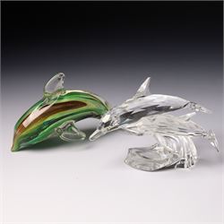 Mats Jonasson Signature Collection glass dolphin, two Caithness glass vases with dolphin decoration, Bohemia glass dolphin, Swarovski dolphin and other dolphin items