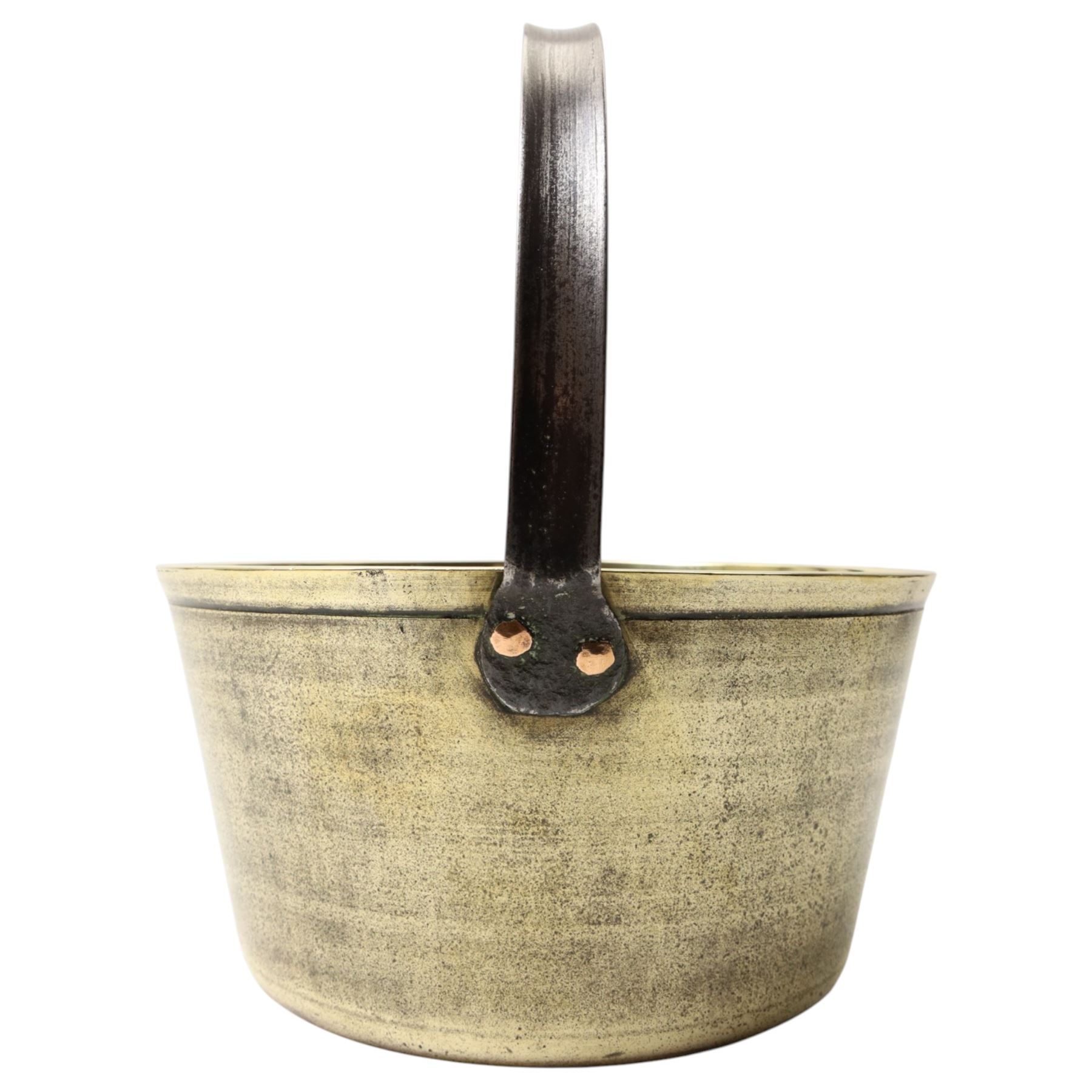 Brass preserve pan with loop handle D29cm and canteen of chromium plated cutlery