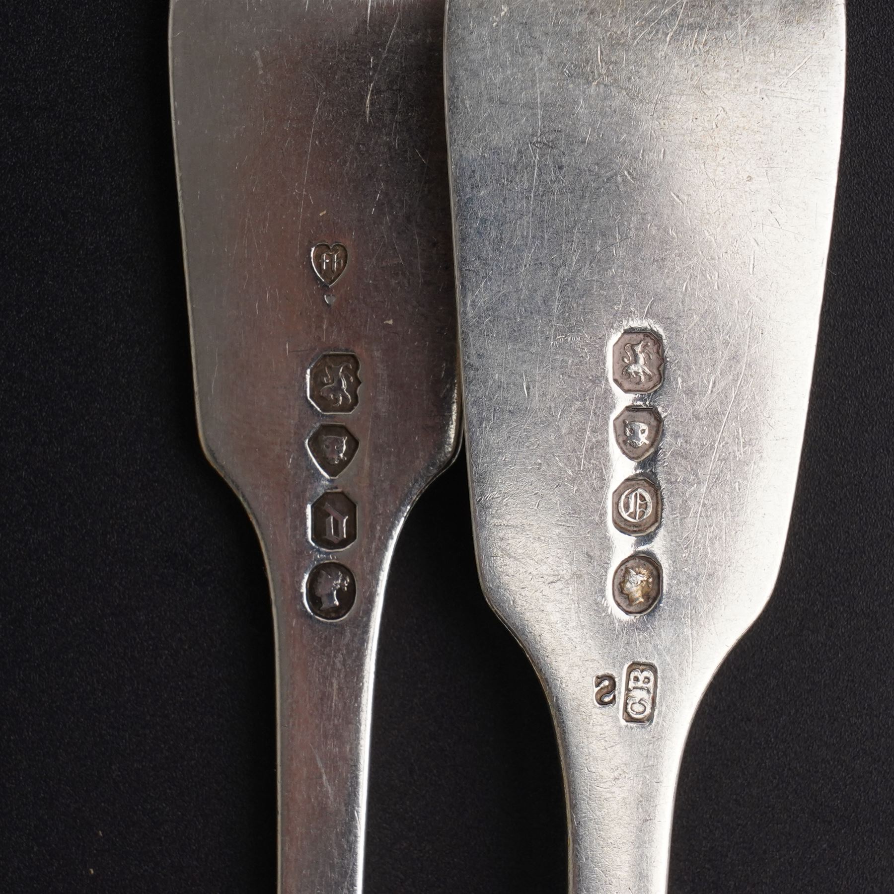 Five Victorian silver fiddle pattern dessert forks London 1859 Maker The Portland Co. three Victorian table forks, various dates and two other table forks