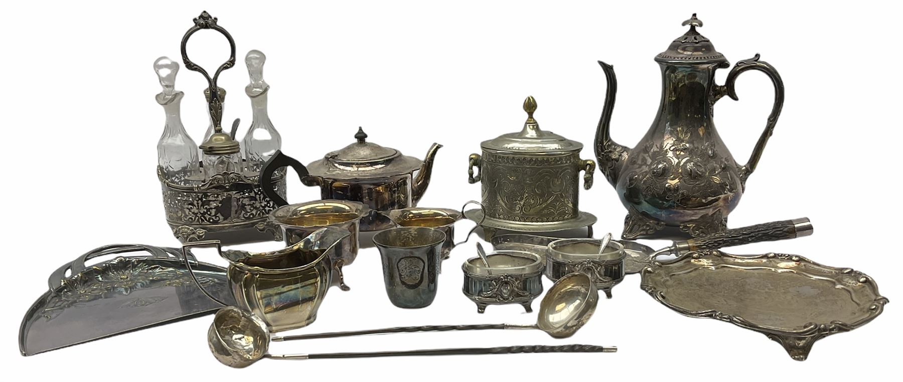 Two Georgian silver toddy ladles with baleen twist handles, (neither hallmarked), one with inset coin to bowl, together with a group of silver plate including cruet stand enclosing two glass bottles with stoppers, shaker and preserve pot with spoon, pair open salts with glass liners, etc. 