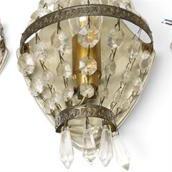 Brass and crystal ceiling light, drop 72cm, together with three small crystal oval wall lights, H28cm (4)