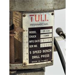 Tull bench pillar drill, Beechers Bender, Clarke grinder, pair of Stilsons, axel stands and bottle jack