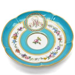 Sevres dejeuner 'Bleu turquoise' tea service for six covers, decorated by Charles-Eloi Asselin, comprising six teacups and saucers, teapot, milk jug and covered sucrier, the bleu de ciel ground painted with portraits of the French courtiers, each piece with name to base (some rubbed) of those depicted, to include Marie Antoinette (teapot), Madame de Montesson, Madame du Barry, Madam de Genlis, Madame Elizabeth (sucrier), Madame de Lamballe (milk jug) Madame Victoire, and two others unidentified, within finely painted gilt surround, each portrait encircled by red jewelled borders, the saucers with corresponding monograms within similar floral gilt and jewelled borders, Sevres mark to base with painted 'ee', dating these 1782, teapot H14cm 