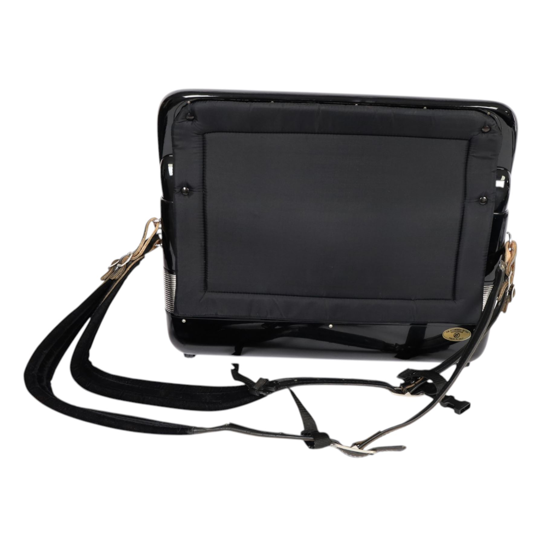 Borsini 5-row basso chromatic button accordion, with 77-black and white buttons, in black high gloss case, with carry strap and original hard carrycase