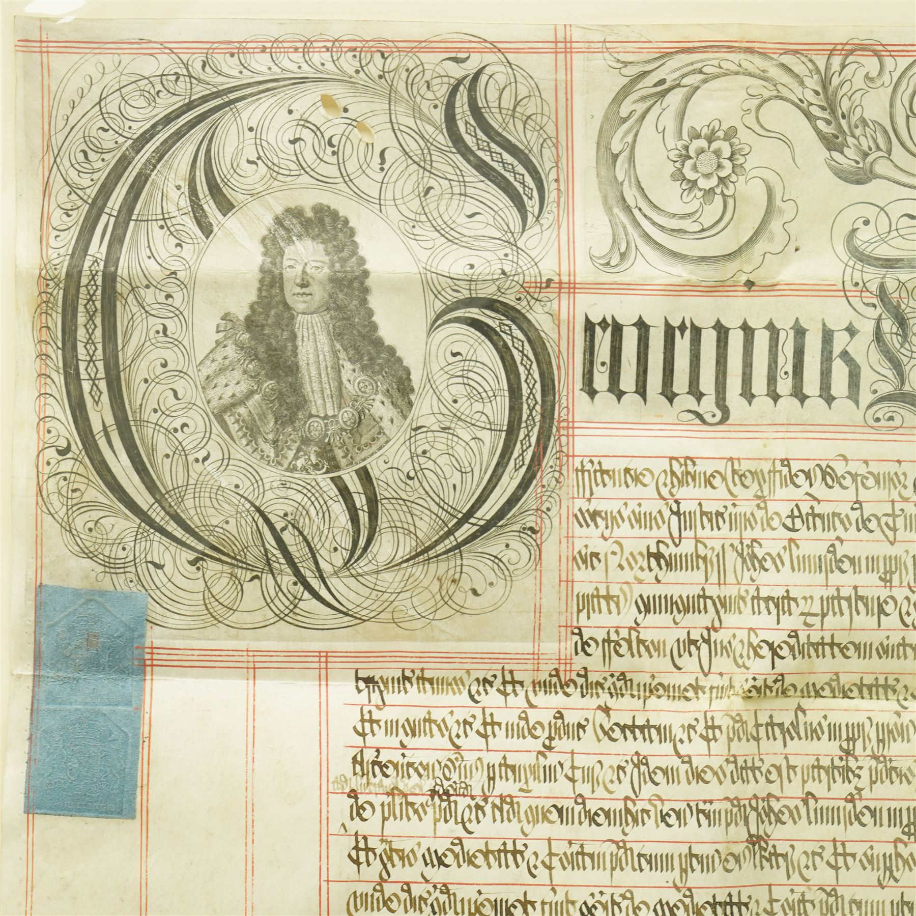 George I indenture on vellum in black ink with ornate headline and engraved portrait of George I, framed 85cm x 95cm overall