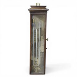 William Harris and Son, London - rare mid 19th century rosewood Patent Compensating Portable Barometer no. 283, rectangular silvered scale and U-shaped mercury tube terminating with a glass cistern and bulb, the centre with mercury thermometer tube and Fahrenheit scale calibrated from minus 10 to 150, the silvered plate engraved 'Harris's Patent Compensating Portable Barometer' and 'William Harris & Son 50 High Holborn London' and serial number '283', side fitted with rackwork vernier scale annotated for barometric inches with weather observations and angled steel pointer for recording temperature, vernier with an independent friction slide adjustment with external secondary brass side knob, bottom edge with recording disc engraved with barometric scale, 33cm high 7.5cm wide