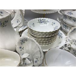 Extensive Richmond Blue Rock pattern part tea and dinner service, to include seven dinner plates, nine smaller plates, three lidded twin handled tureens, two teapots and two coffee pots, eleven bowls, cake stand, six twin handled soup bowls and saucers, six teacups, four coffee cups, milk jugs, sucrier, cake plate, salt and pepper shakers, other plates, dishes, bowls, side plates and many spares etc