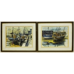  Fishing Boats Moored in Whitby Harbour, two watercolours signed by Roger Murray (British Contemporary), also signed, titled and inscribed 'The Studio Robin Hoods Bay' verso 17cm x 22cm (2)  