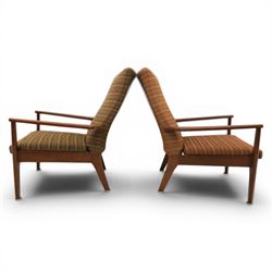 Parker Knoll - 'PK 988' open armchair, with teak frame, upholstered in a striped fabric, raised on tapering supports, the loose seat cushion supported on elasticated webbing 