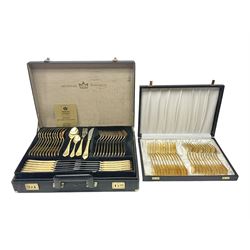 Bestecke Solingen canteen of gold plated cutlery for twelve place settings, including ladle, cake slice and serving spoons, contained within a briefcase, together with a matching set twelve of Bestecke Solingen gold plated fish knives and forks, in fitted case 