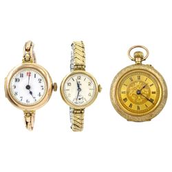 Tudor 9ct gold ladies manual wind wristwatch, Chester 1950, on expanding gilt strap, early 20th century 9ct gold cylinder fob watch, Chester import marks 1912 and one other 9ct gold manual wind wristwatch, hallmarked, on gold expanding link bracelet, stamped 9ct (3)