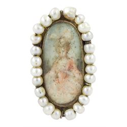 19th century portrait ring, set with an oval miniature of a woman wearing a pink dress on ...