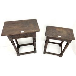 19th century oak joint style stool, turned boluster supports joined by square stretches (W46cm, H54cm, D31cm) and another