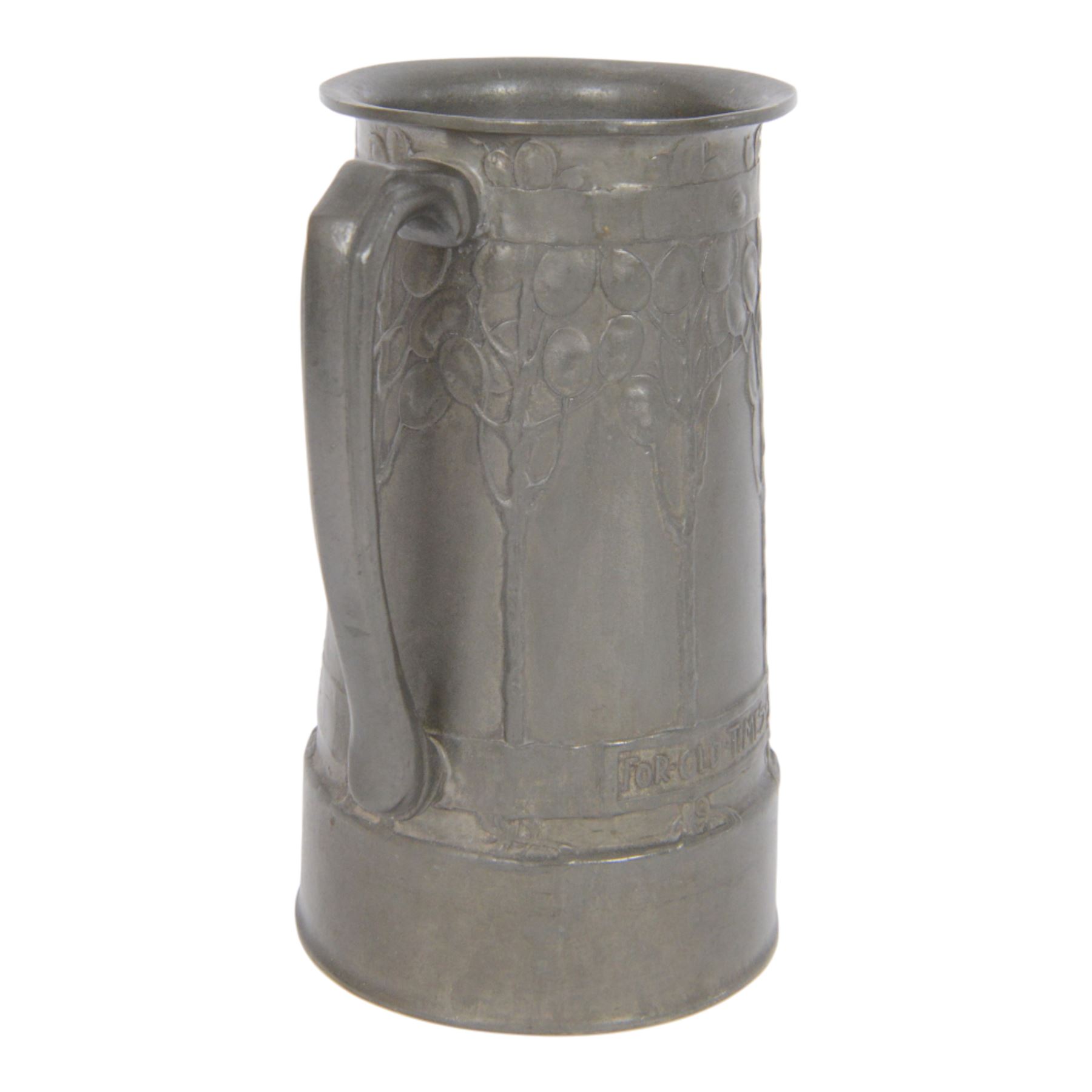 David Veasey for Liberty & Co pewter twin handled loving cup, decorated with honesty tree and embossed with the words 'For Old Times Sake', impressed beneath English Pewter 010