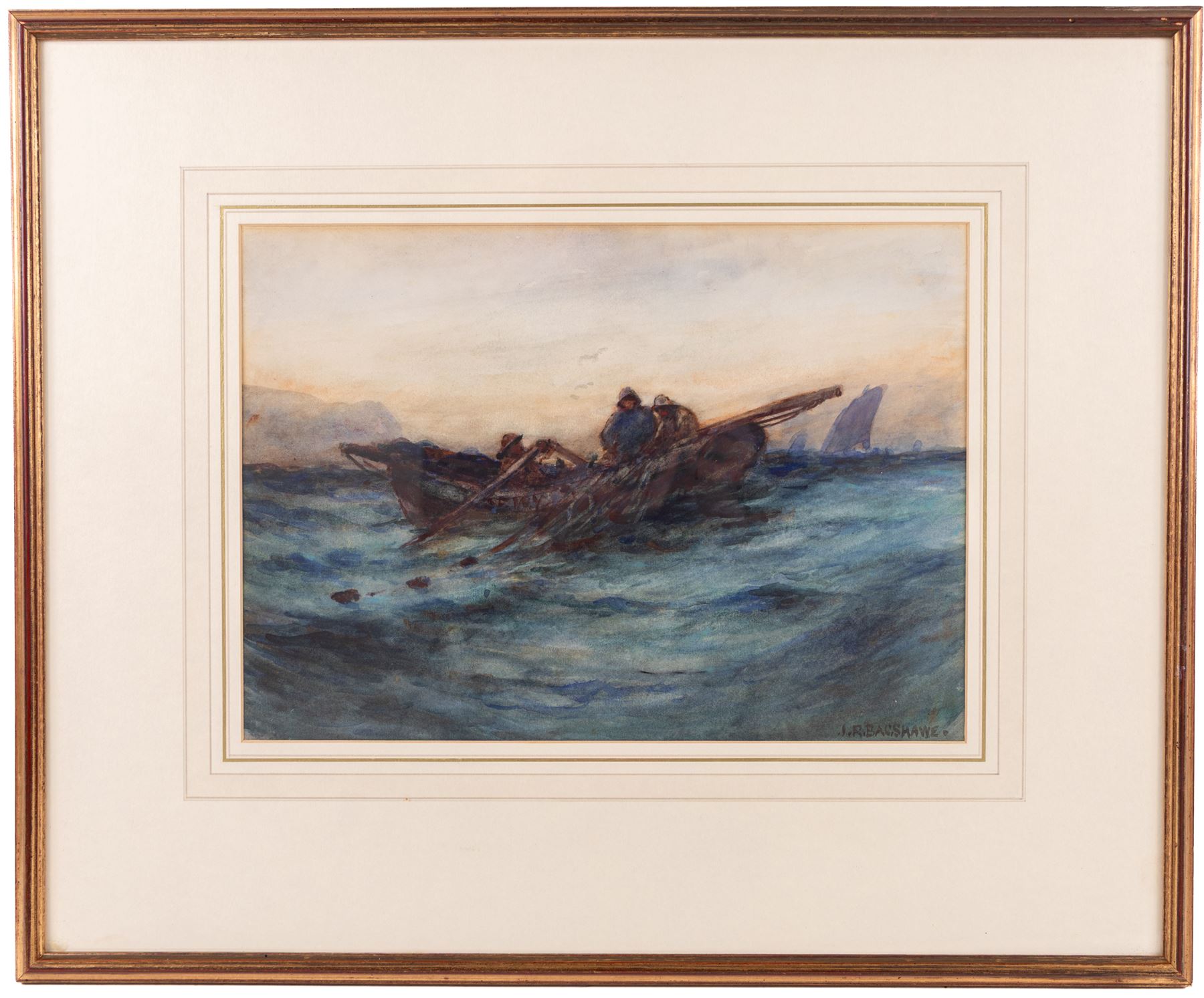 Joseph Richard Bagshawe (Staithes Group 1870-1909): Hauling the Nets in a Whitby Coble, watercolour signed 25cm x 36cm 
Provenance: exh. Walker Galleries, Harrogate, label verso