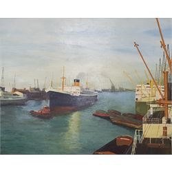 DB Christian (20th century): SS Athenic in a Busy Harbour, oil on board signed 45cm x 58cm