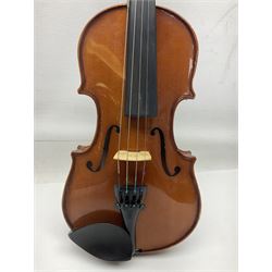 Three Stentor Student violins - three-quarter size with 33cm two-piece back; and two quarter size each with 28cm two-piece back; each in carrying case with bow (3)