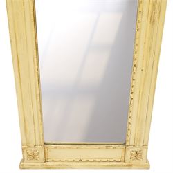 Traditional design cream pier mirror, projecting cornice and applied foliate detailing,, bevelled mirror plate