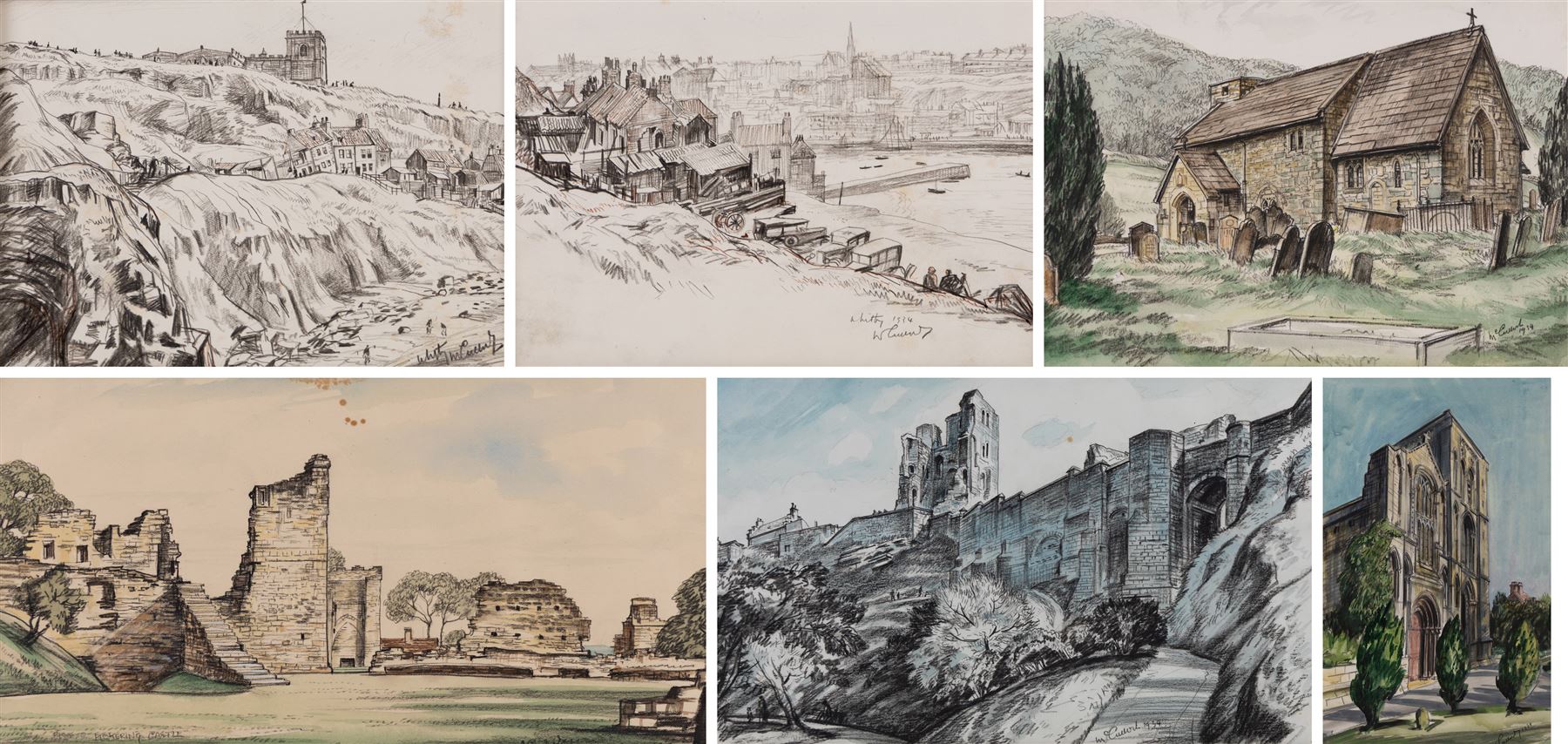 Joseph Ridley Ratcliffe McCulloch RBA (British 1893-1961): Collection of locations across North Yorkshire including 'Scarboro' Castle' and 'Whitby', five mixed media signed dated and titled max 19.5cm x 31.5cm (5) (unframed)