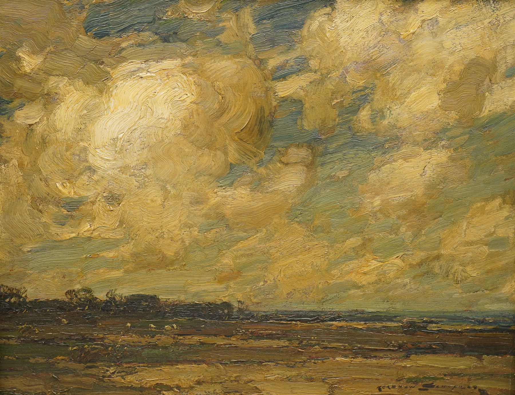 Kershaw Schofield (British 1872-1941): 'Breezy Landscape', oil on board signed, titled verso 41cm x 51cm