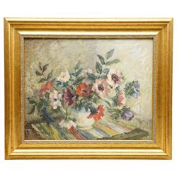 Rita Busby (British 20th century): Still Life of Flowers in a Vase, double-sided oil on board signed 40cm x 50cm; R Wyatt (British 1945-): Still Life of Chrysanthemums by the Window, oil on board signed 45cm x 50cm (2)