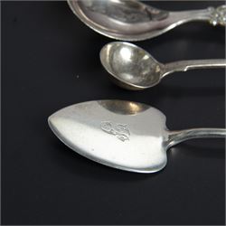Five silver napkin rings, including pair of 1930s oval examples, with engine turned decoration with engraved initial, together with a collection of silver flatware, including Norwegian spoon, pair of Fiddle pattern mustard spoons, five seal top coffee spoons, etc, all stamped or hallmarked