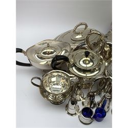 Mappin & Webb Art Deco style four-piece silver-plated tea set, a Mappin & Webb three-piece Princes Plate tea set of half fluted form with engraved monogram, two silver-plated entree dishes, circular tea tray, part cruets and other plated wares 