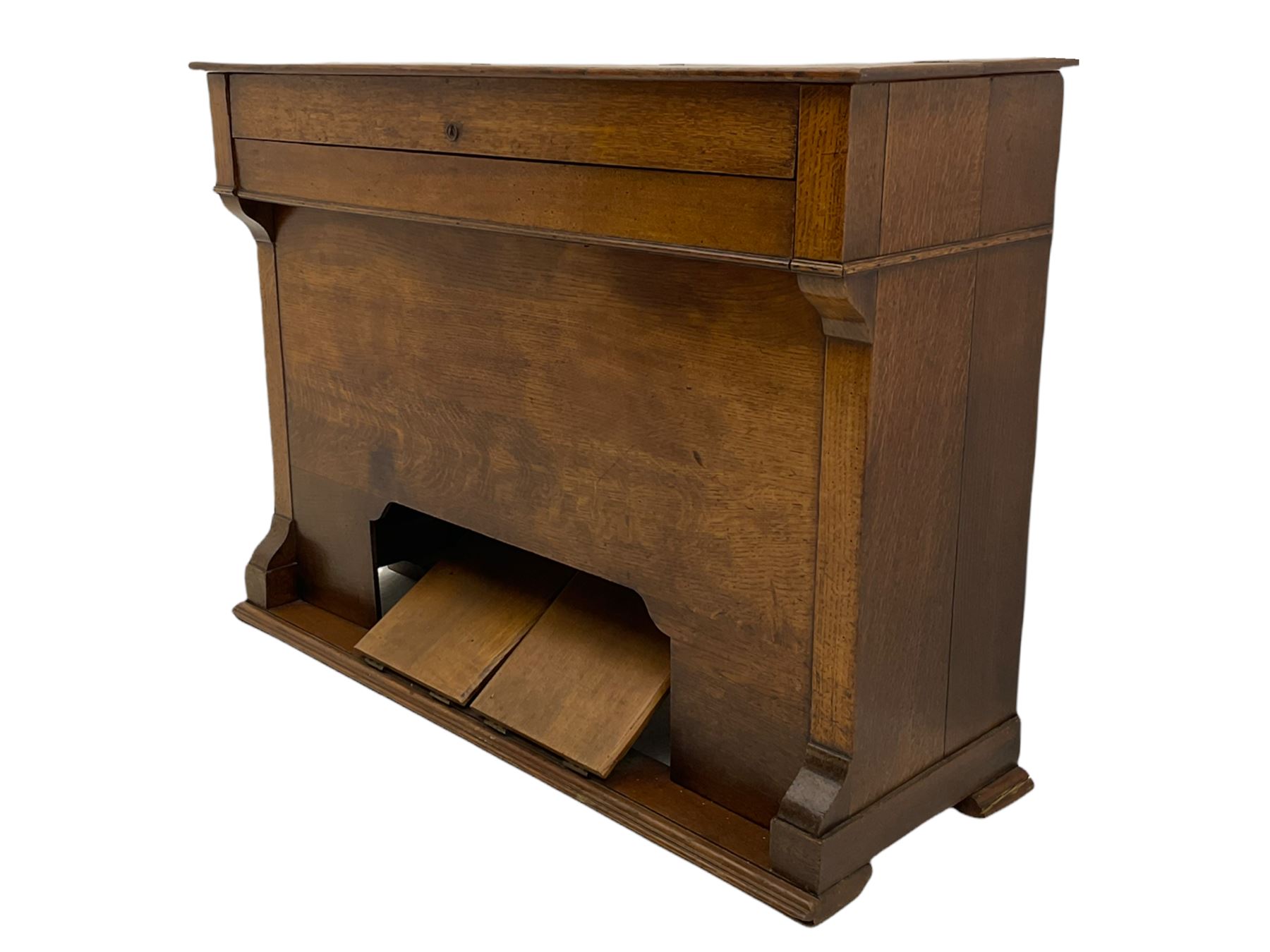 19th century oak cased harmonium, twin pedal pump mechanism