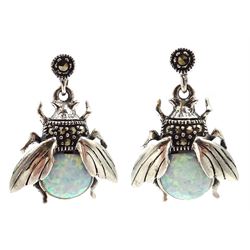 Pair of silver opal and marcasite pendant earrings, stamped 925