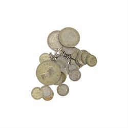 Approximately 170 grams of pre 1920 Great British silver coins, commemorative crowns, King George V Australia 1933 florin, Queen Elizabeth II South Africa 1955 two and a half shillings, pre-Euro coinage etc and various world stamps