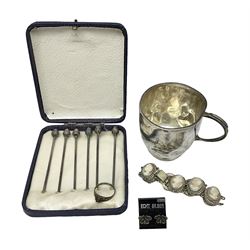Set of six silver plated cocktail sticks, with acorn finials, hallmarked silver christening cup, silver ring and earrings and a costume jewellery cameo bracelet 