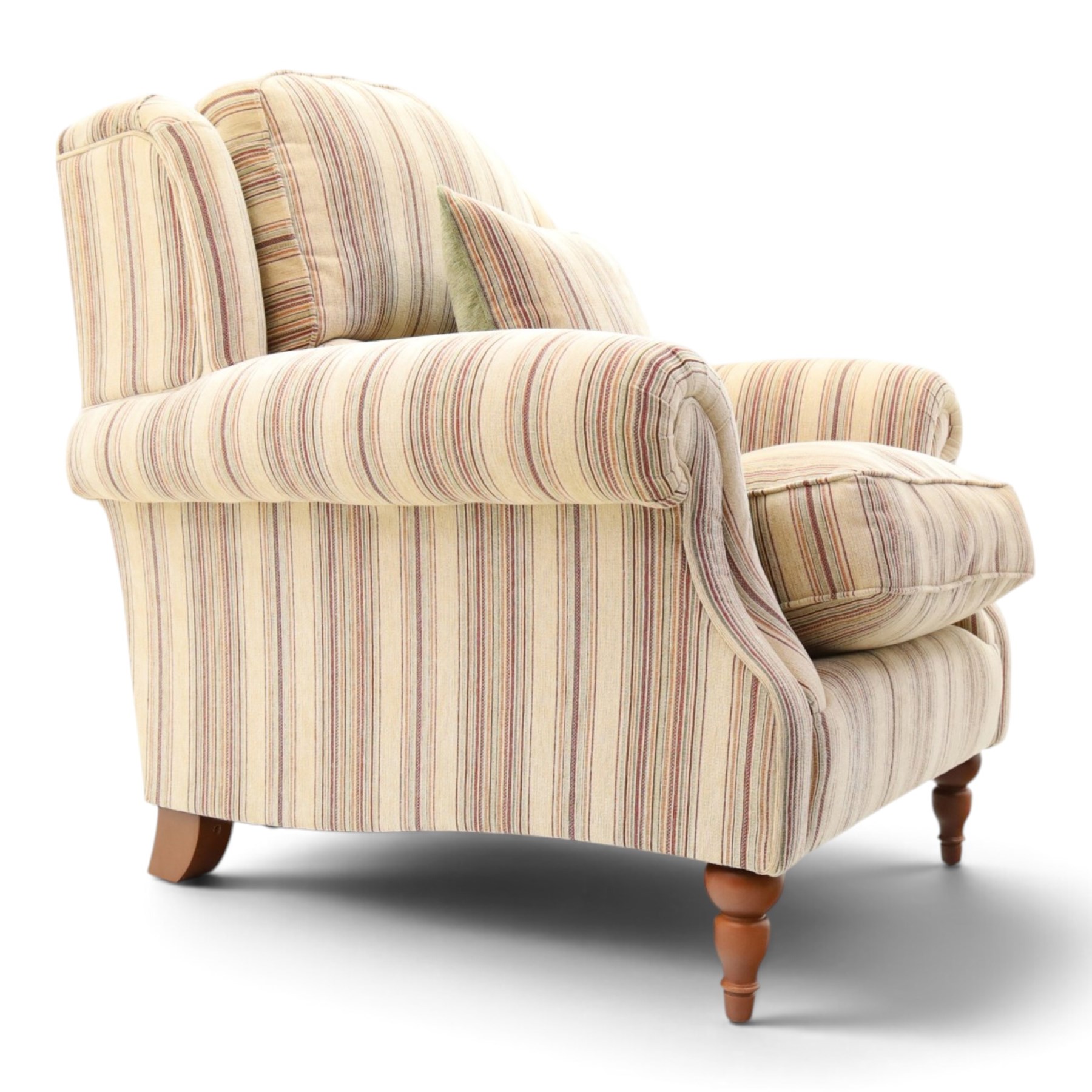 Parker Knoll - contemporary 'Henley' lounge suite comprising grande two seat sofa and wingback armchair, traditional wing shape over rolled arms and turned feet, upholstered in striped fabric
