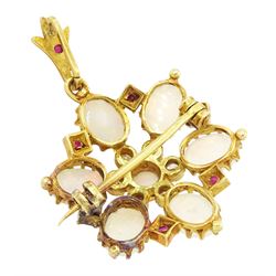 18ct gold opal, single cut diamond and ruby pendant / brooch