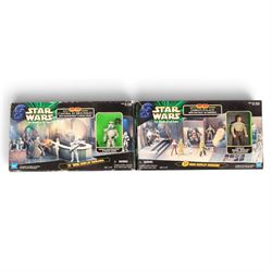 Ten Star Wars figures and playsets, comprising four The Kenner Collection Epic Force figures Bespin Luke Skywalker, Han Solo and two C-3POs, The Kenner Collection Power of the Force Kabe and Muftak figure pack, Jabba the Hutts Dancers, Jabbas Palace Diorama, Cantina at Mos Eisley Diorama and Hasbro Silver Anniversary packs Final Duel and Death Star Escape, all boxed
