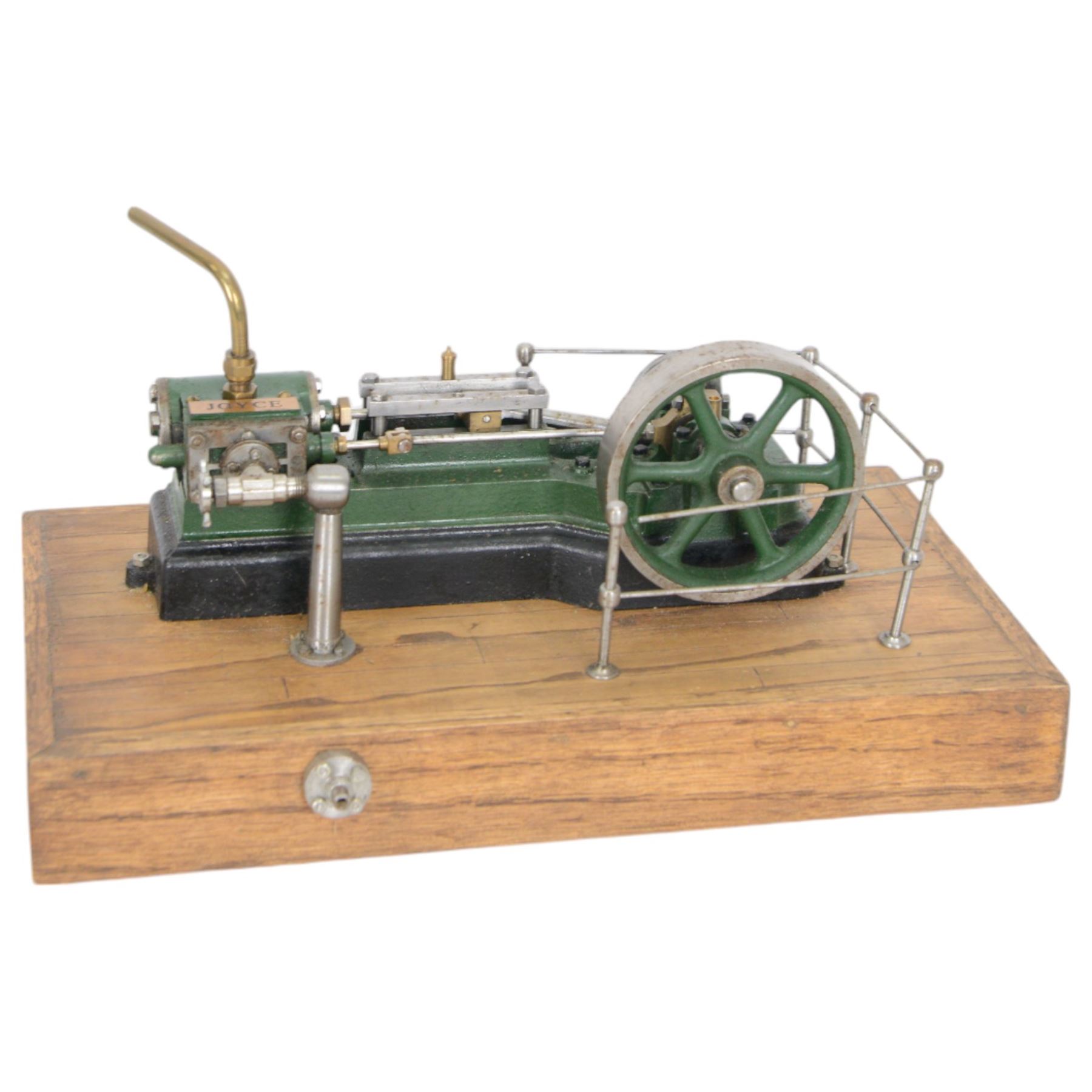 Stuart Models kit built stationary live steam engine, with plaque to one side reading 'Joyce', in green and black finish, upon wooden plinth, engine L22cm