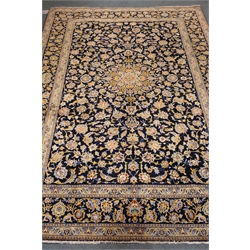  Kashan blue ground rug, central medallion, floral repeating border, 338cm x 250cm  