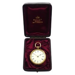 Victorian 18ct gold open face English lever ladies pocket watch by Robert Sutton, Whitehaven, No. 95098, white enamel dial with Roman numerals, case by Rotherham & Sons, Birmingham 1891, in original velvet and silk lined case