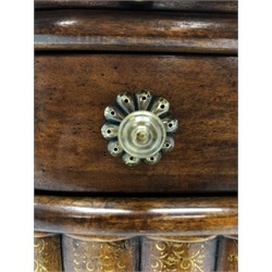  Regency style bow front mahogany side cabinet, with brushing slide and frieze drawer above two faux book spine doors, with brass handles on peg turned supports, W75cm, D48cm, H83cm   