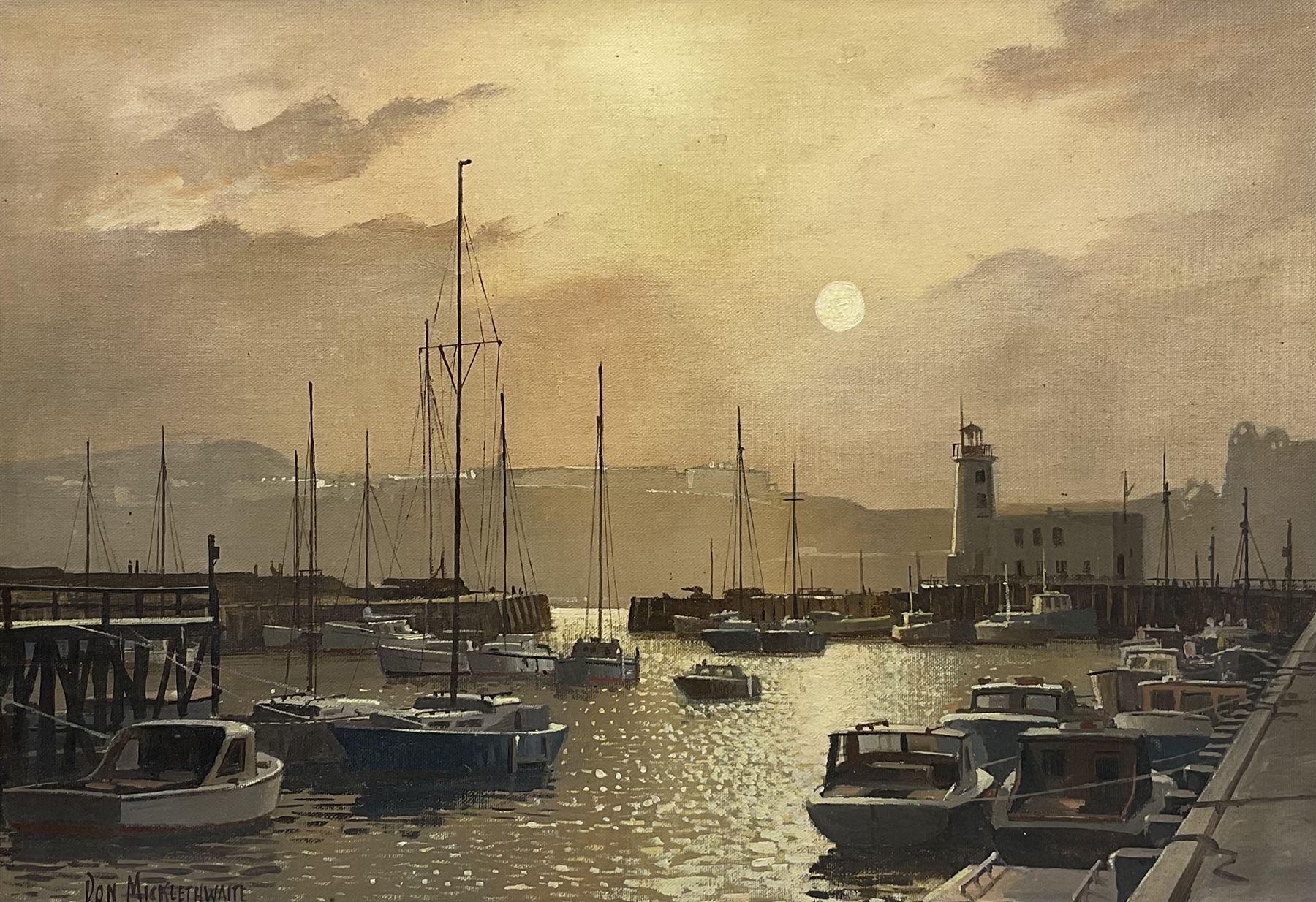Don Micklethwaite (British 1936-): Scarborough Harbour at Sunset, oil on canvas board signed 34cm x 49cm

