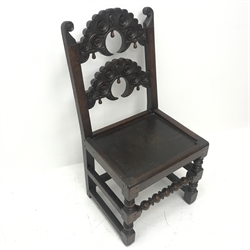 17th century style Yorkshire/Derbyshire oak chair, solid seat, turned supports, W49cm