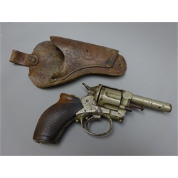  Harrison & Son .297cal six-shot revolver with grey finish, fitted ejector with chequer walnut grip, L19cm, with tooled leather Holster stamped W. Yandotte (2)   