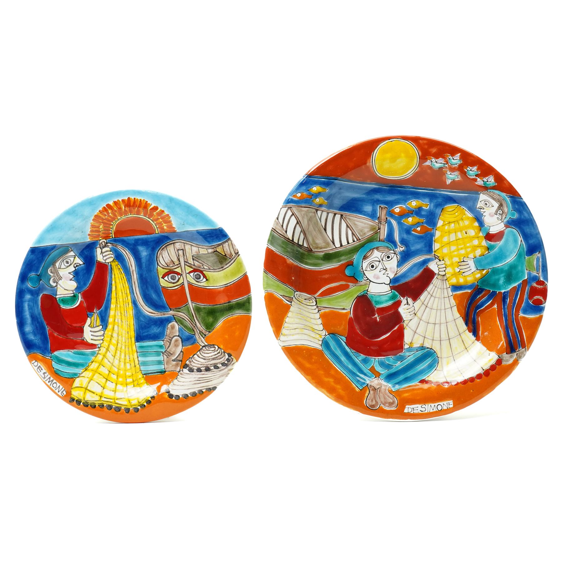 Giovanni DeSimone - two hand-painted mid-century plates, each incised and polychrome enamelled, signed to the front , larger plate D25cm